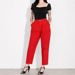 70s Vintage High Waisted Trousers Womens 4 Red Linen Blend Pleated Elastic Waist